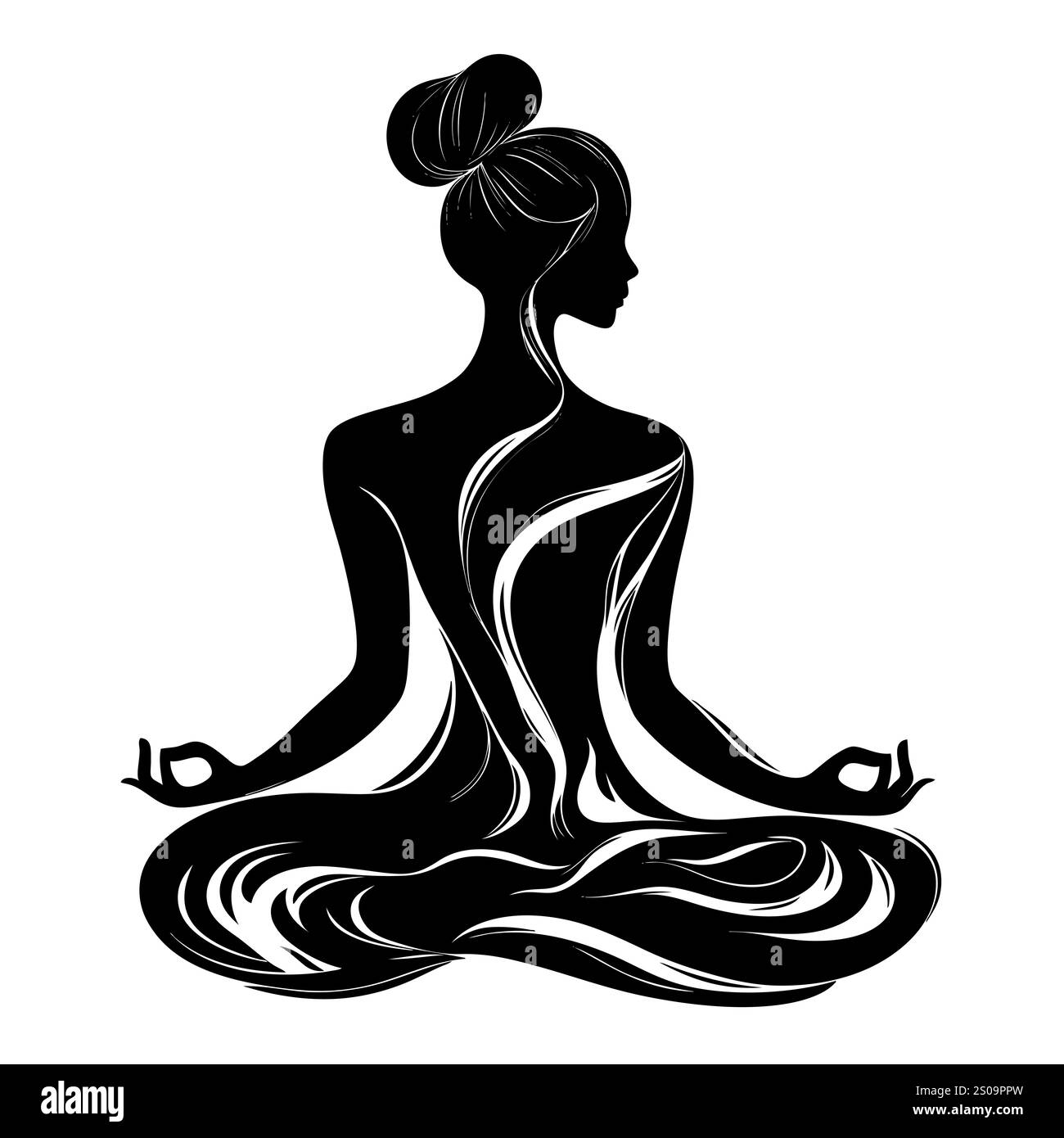 Weibliche Silhuette in Meditation. Friedliche Figur in Yoga-Lotuspose. Modernes und isoliertes Clipart auf transparentem Hintergrund. Stockfoto