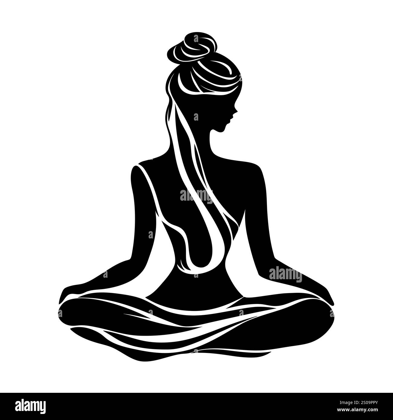 Weibliche Silhuette in Meditation. Friedliche Figur in Yoga-Lotuspose. Modernes und isoliertes Clipart auf transparentem Hintergrund. Stockfoto