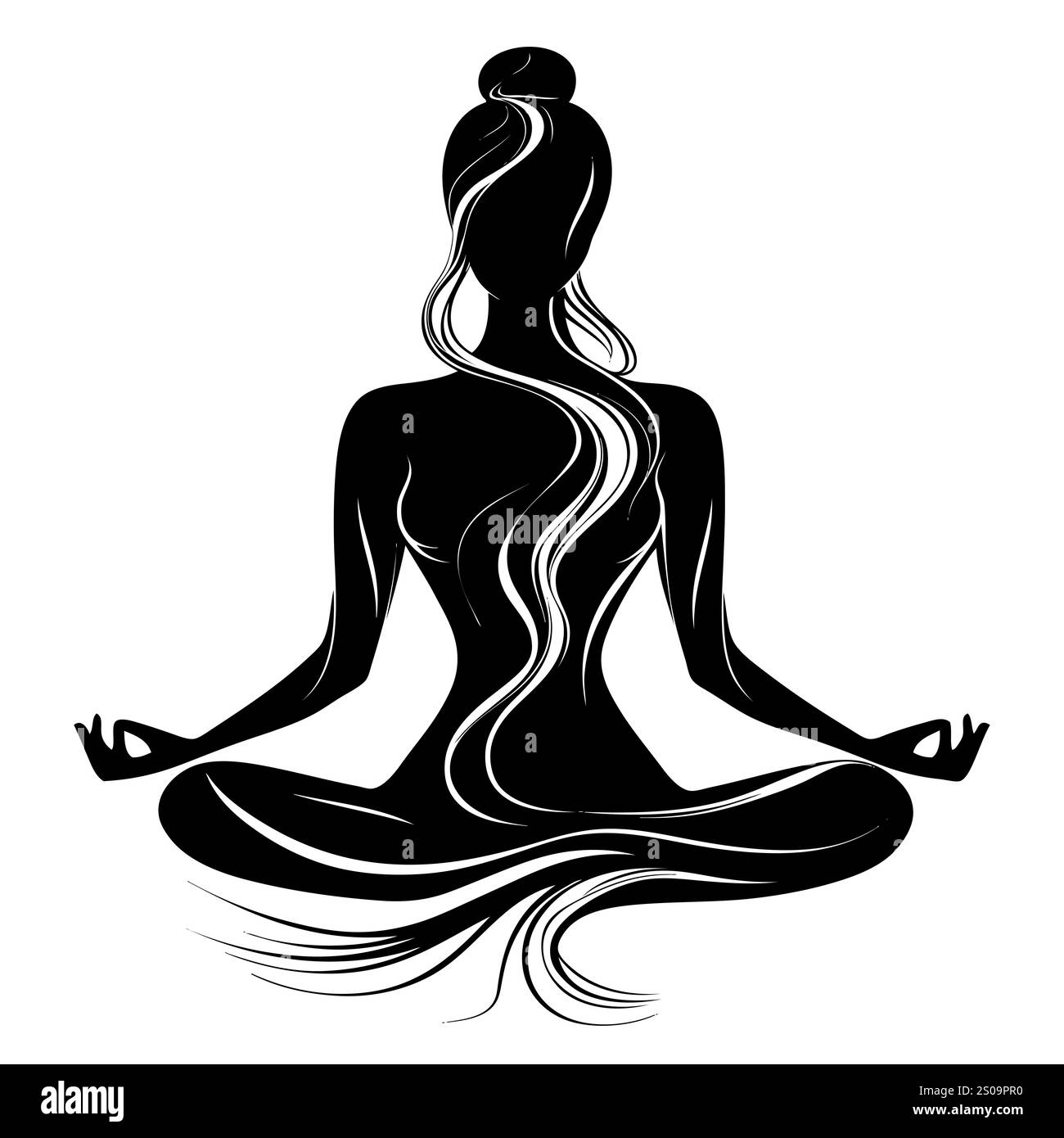 Weibliche Silhuette in Meditation. Friedliche Figur in Yoga-Lotuspose. Modernes und isoliertes Clipart auf transparentem Hintergrund. Stockfoto