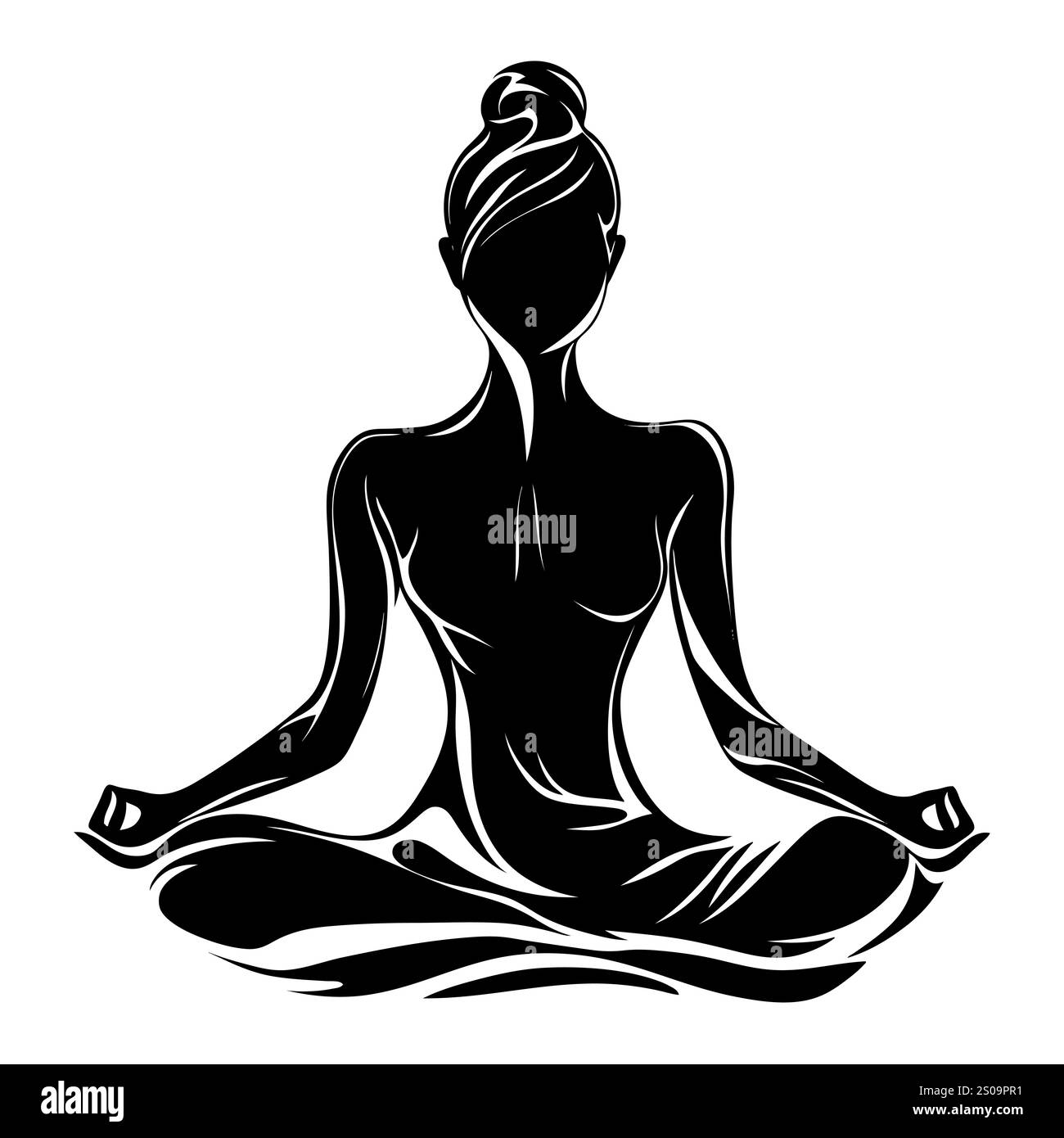 Weibliche Silhuette in Meditation. Friedliche Figur in Yoga-Lotuspose. Modernes und isoliertes Clipart auf transparentem Hintergrund. Stockfoto