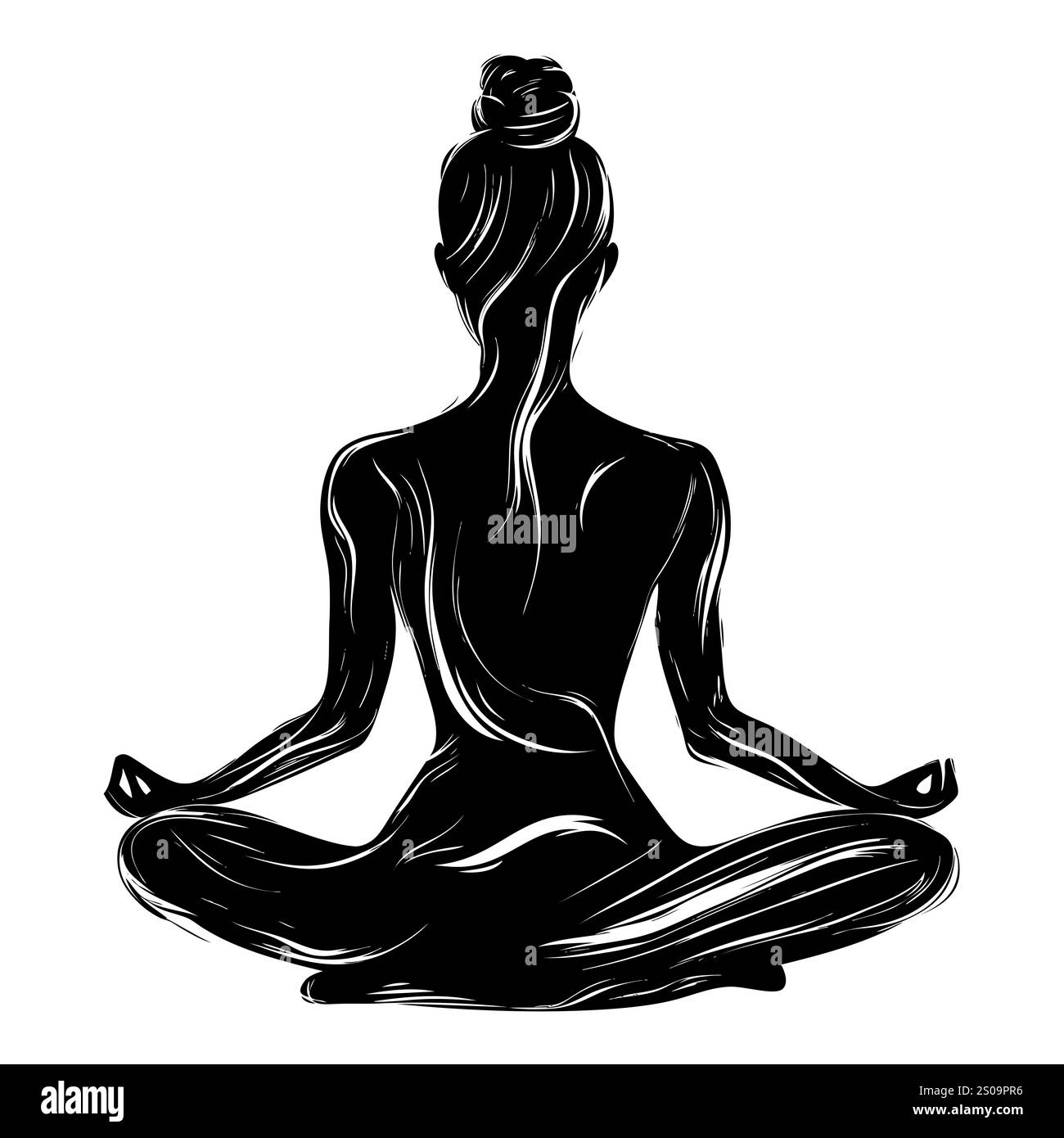 Weibliche Silhuette in Meditation. Friedliche Figur in Yoga-Lotuspose. Modernes und isoliertes Clipart auf transparentem Hintergrund. Stockfoto