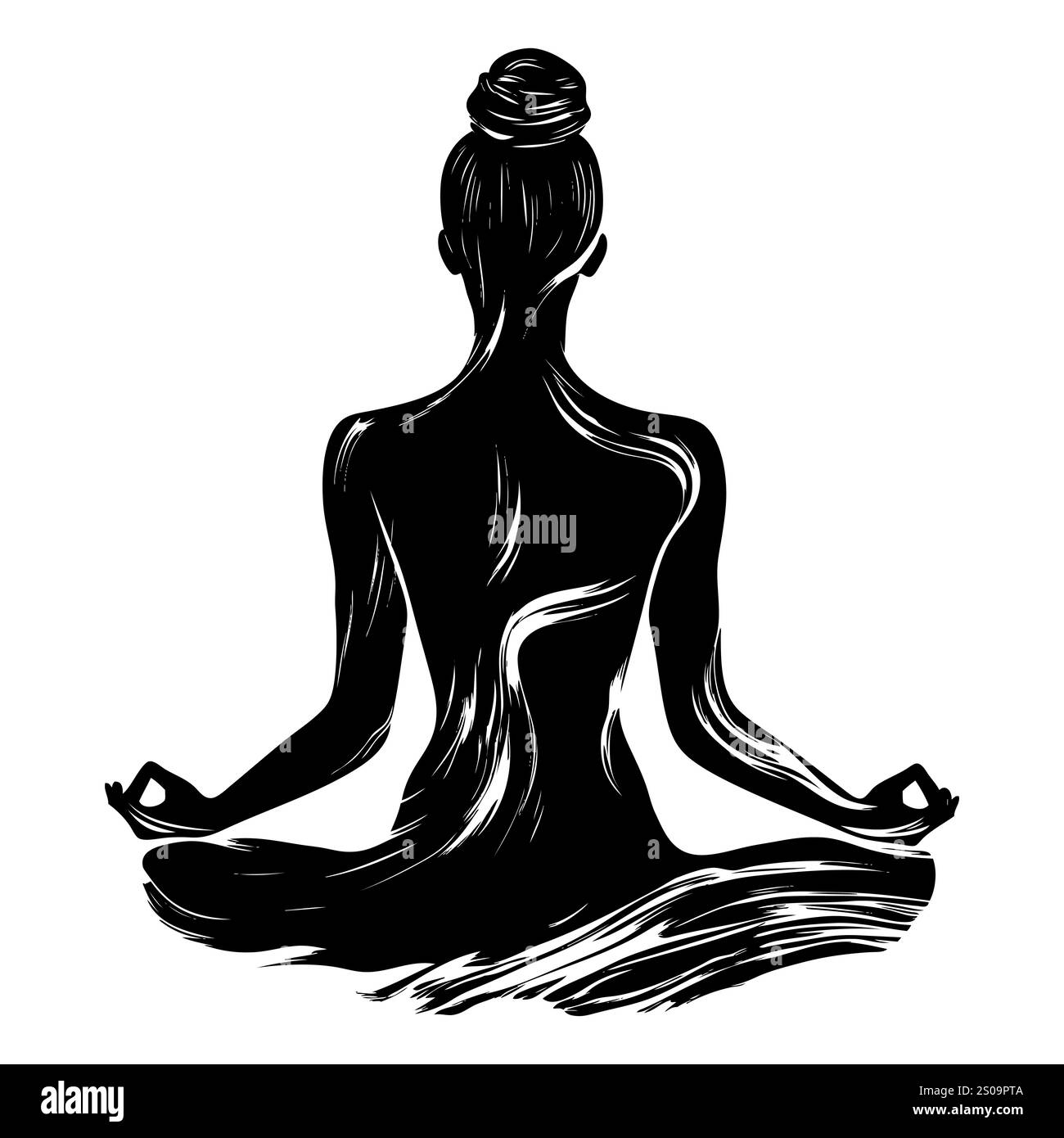 Weibliche Silhuette in Meditation. Friedliche Figur in Yoga-Lotuspose. Modernes und isoliertes Clipart auf transparentem Hintergrund. Stockfoto