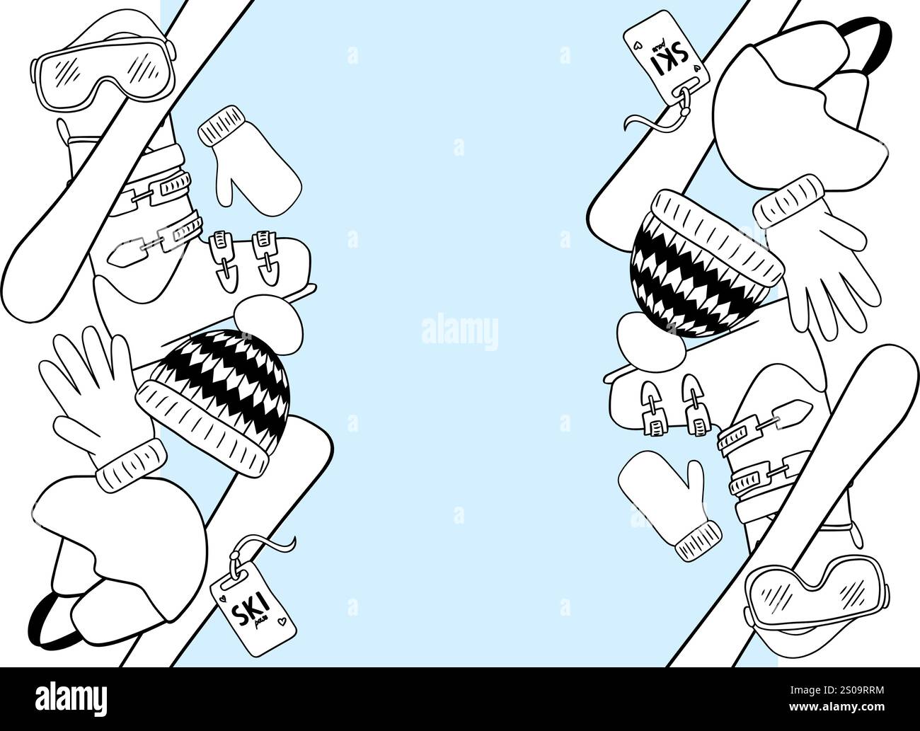 Nahtlose Wintergrenze mit Skiausrüstung Skier, Stiefel, Sonnenbrille, Hut, Handschuhe, Fäustling im grafischen Stil. Vektorvorlage für vertikale grafische Linien ein Stock Vektor