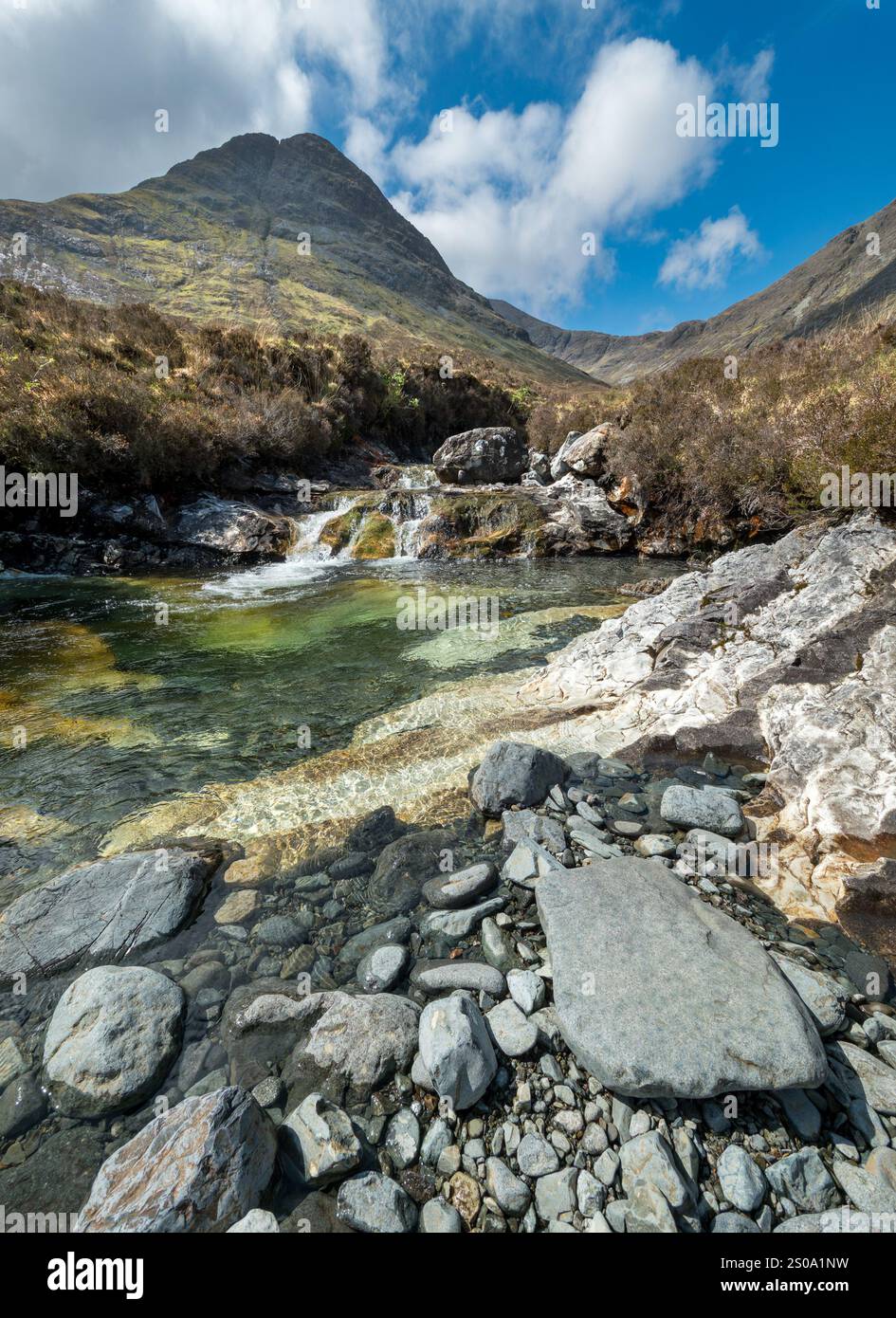 Felsenbecken erodiert in Skye weißen Marmor im Bachbett von Allt Aigeinn mit Berggipfel des Sgurr nan jeweils dahinter, Torrin, Isle of Skye, Schottland, Großbritannien. Stockfoto
