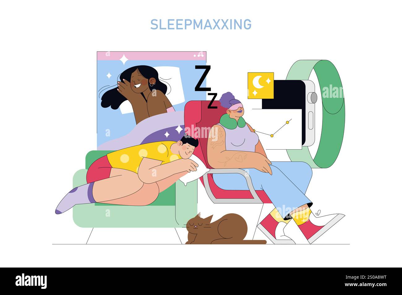 Sleepmaxxing-Konzept. Verbesserung der Schlafqualität für bessere Gesundheit. Menschen, die dank Technologie und Komfort eine optimale Ruhezeit erleben. Vektorabbildung. Stock Vektor