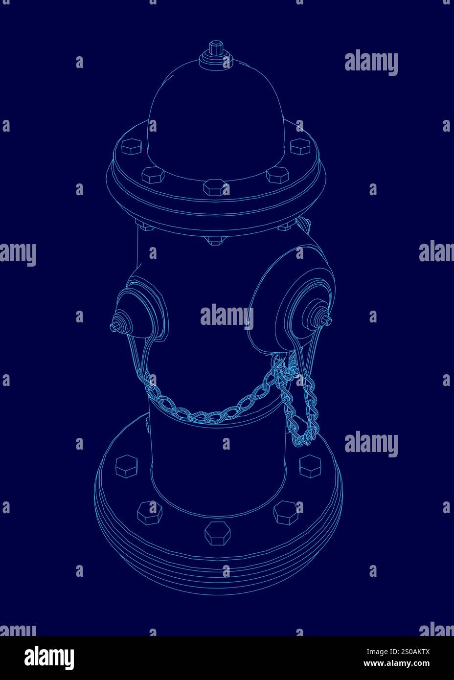 Blaue Zeichnung eines Feuerhydranten mit einer Kette um ihn herum. Die Kette ist am Hydranten befestigt und hängt nach unten Stock Vektor