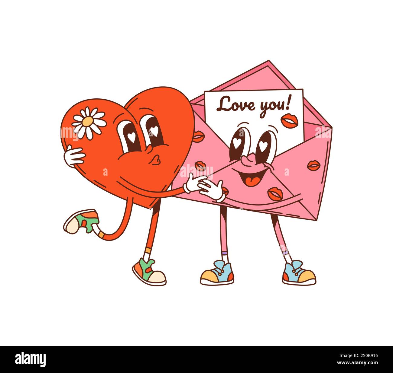 Cartoon-groovige valentinstag-Figur küsst mit Herz. Isolierte Vektor Vintage-Weihnachtspost oder Brief Retro-Persönlichkeiten erleben Liebe, Freude und Zuneigung, romantisches Symbol oder liebevolle Botschaft Stock Vektor