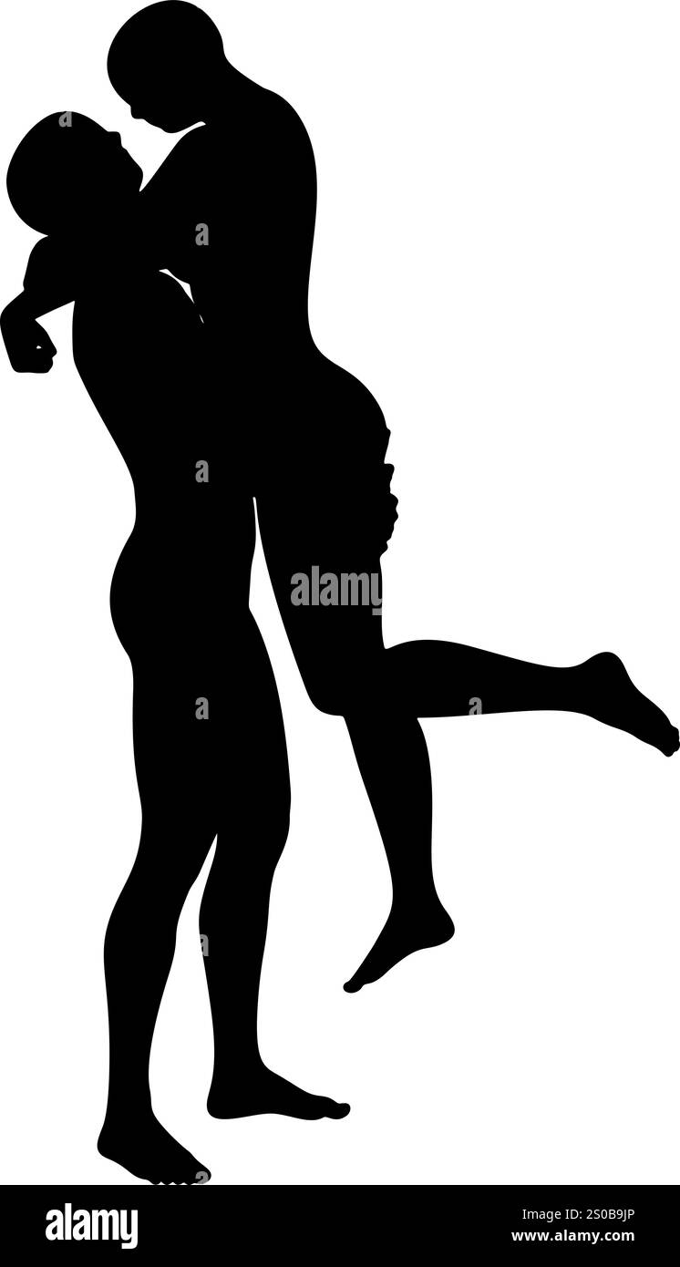 Silhouetten eines umhüllenden Paares, das Wärme, Liebe und Einheit in stilvoller und eleganter Form darstellt. Ideal für romantische und Beziehungsthemen Stock Vektor