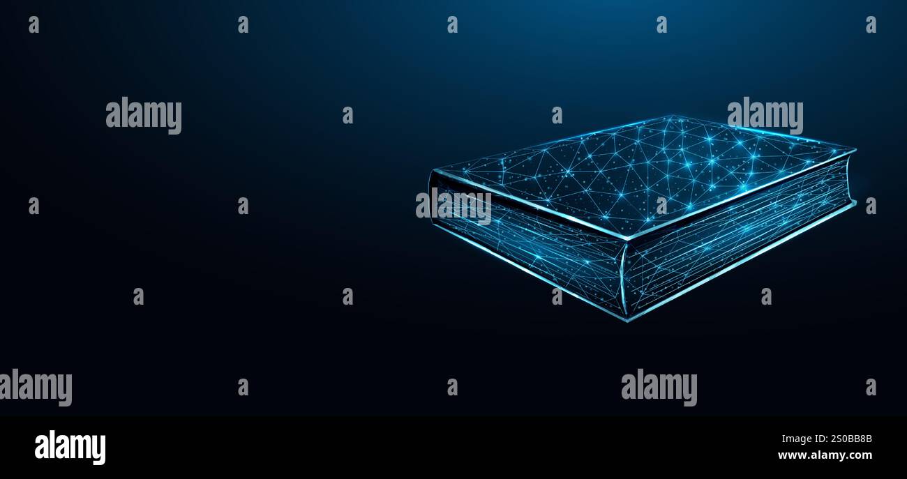Buch. Bildungskonzept mit leuchtendem, niedrigem Poly-Buch auf dunkelblauem Hintergrund. Drahtmodell mit niedrigem Poly-Design. Abstrakte futuristische Vektorillustration Stock Vektor