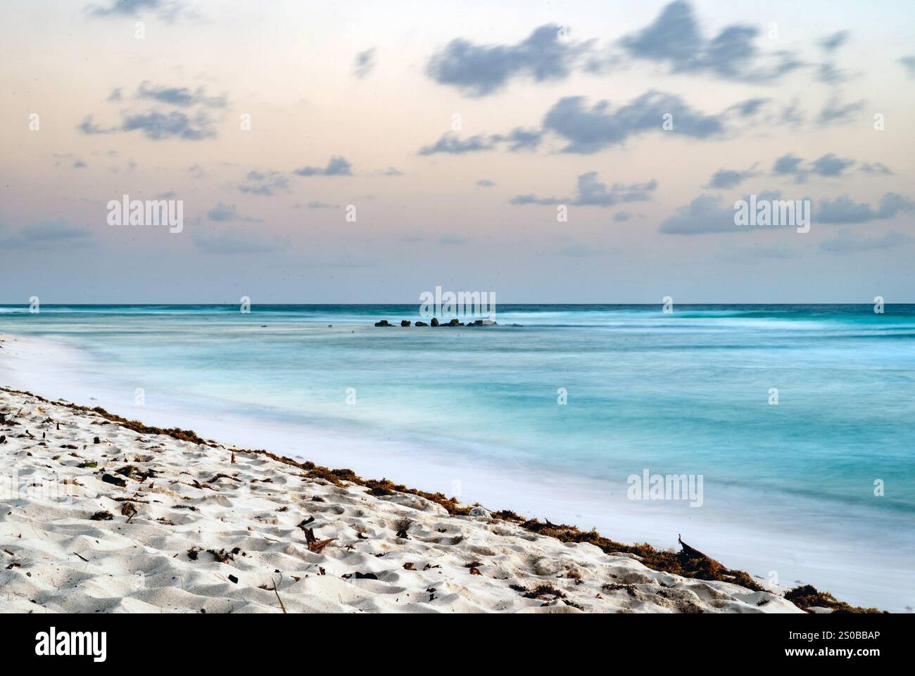 Eine ruhige Strandszene in der Abenddämmerung mit sanften Wellen, die gegen das Ufer plätschern. Der Sandstrand ist mit Algen gespickt und der Himmel ist mit Vergangenheit bemalt Stockfoto