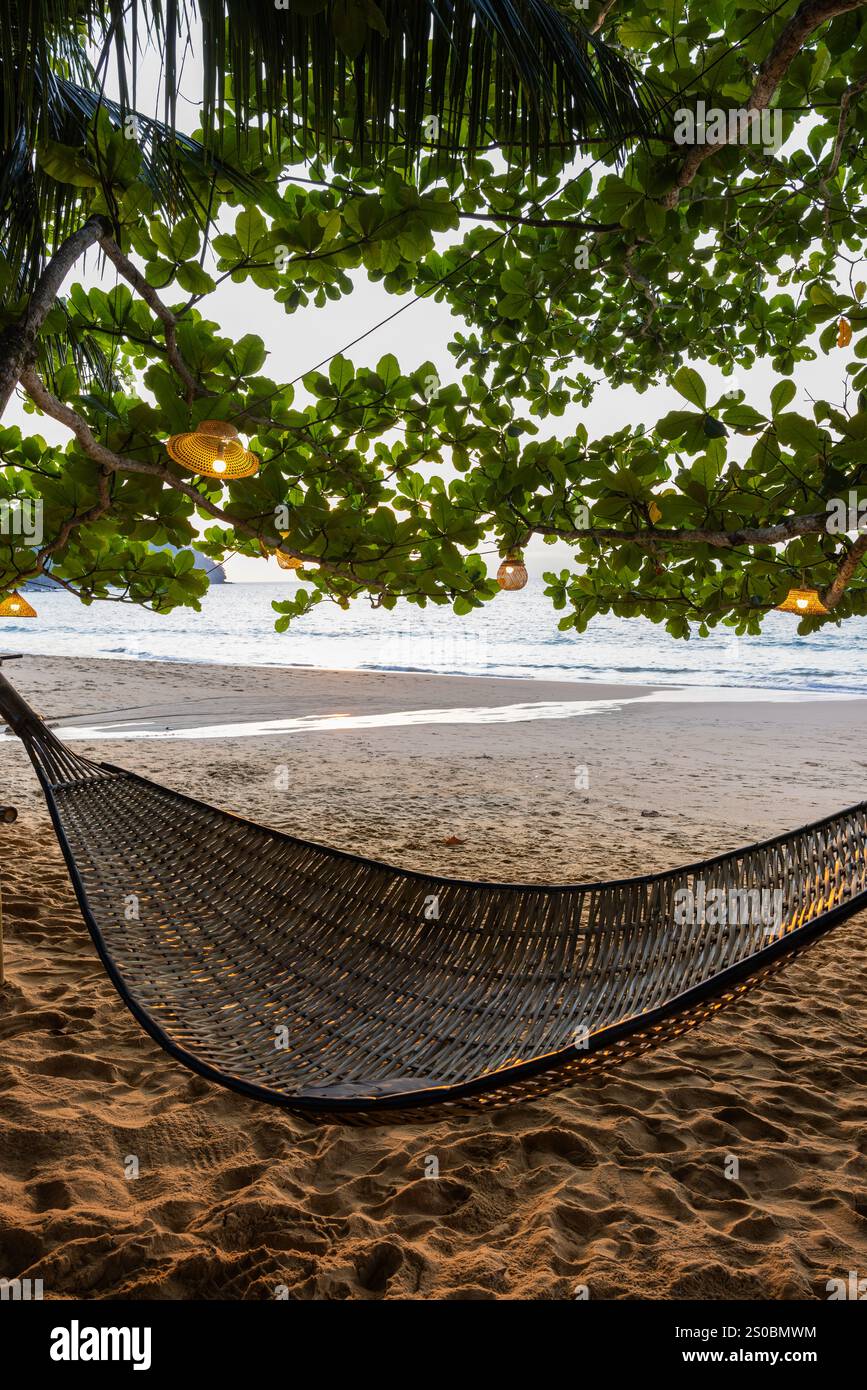 Hängematte hängt an einem Baum an einem Strand in Khao Lak, Thailand. Elektrische Lichter hängen im Baum, Uferlinie im Hintergrund. Stockfoto