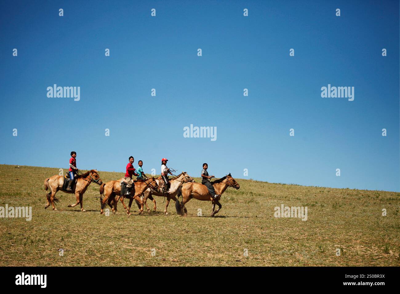 Eine Gruppe mongolischer Kinder, die sich auf Pferden versammeln, bevor sie zu Ehren einer Gruppe von Touristen den Gorkhi-Terelj-Nationalpark besuchen Stockfoto