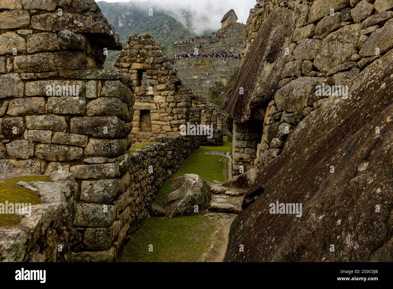 Machu Picchu Ruinen in Peru während eines nebeligen morgens Stockfoto