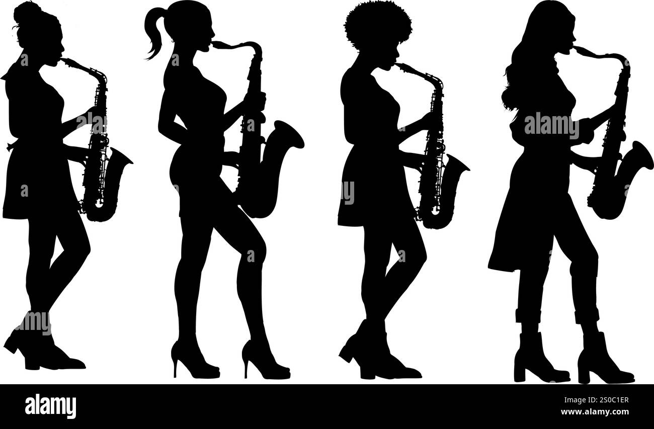 Eine Reihe von Silhouetten einer Saxophonspielerin, Stock Vektor