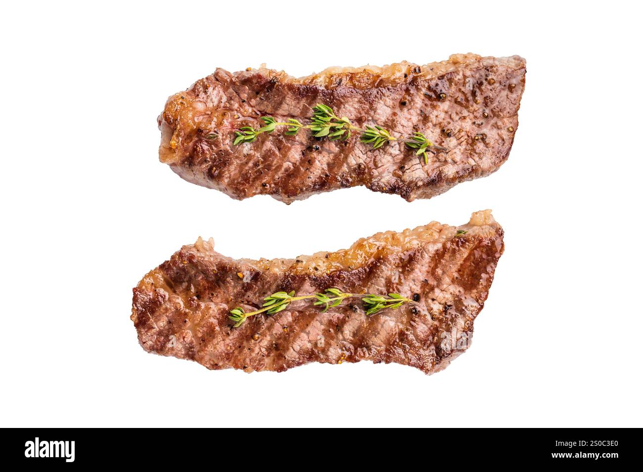 Gegrillte Tri-Tip-Steaks vom Grill, marmoriertes Rindfleisch isoliert auf weißem Hintergrund. Stockfoto