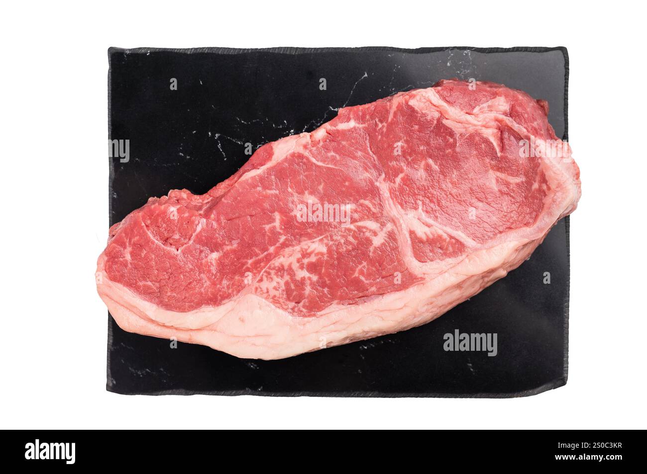 Rohe Rindersteak von Striploin, New York Streifensteak isoliert auf weißem Hintergrund. Stockfoto