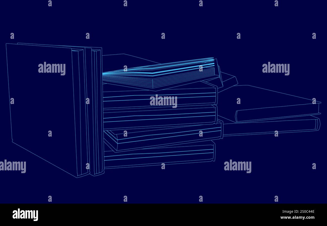 Stapel Bücher, wobei das obere offen ist. Die Bücher sind blau. Der Stapel wird übereinander gestapelt Stock Vektor