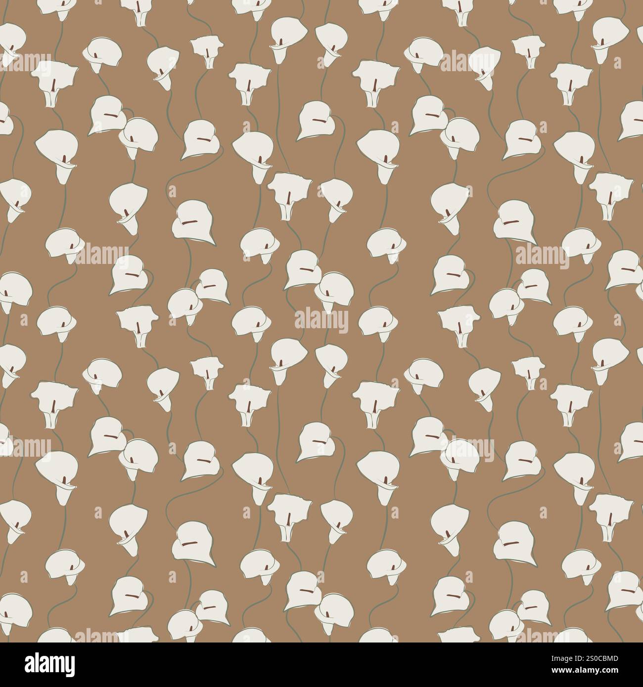 Ein nahtloses Vektormuster aus eleganter weißer Calla und Aarum-Lilien, aufwändig handgezeichnet in detaillierter Strichkunst. Vor einem weichen, bräunlichen Hintergrund. Stock Vektor