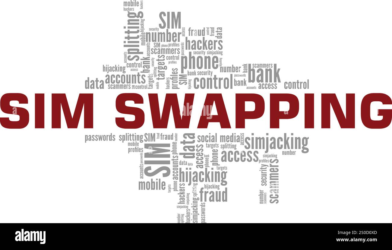SIM Swapping Word Cloud Konzeptdesign isoliert auf weißem Hintergrund. Stock Vektor