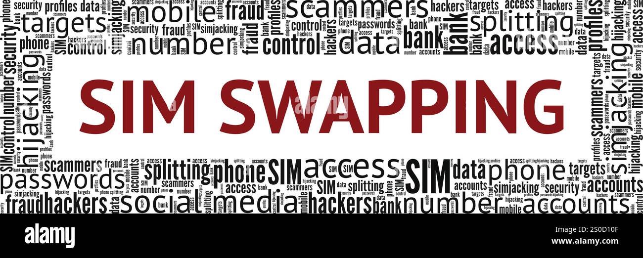 SIM Swapping Word Cloud Konzeptdesign isoliert auf weißem Hintergrund. Stock Vektor