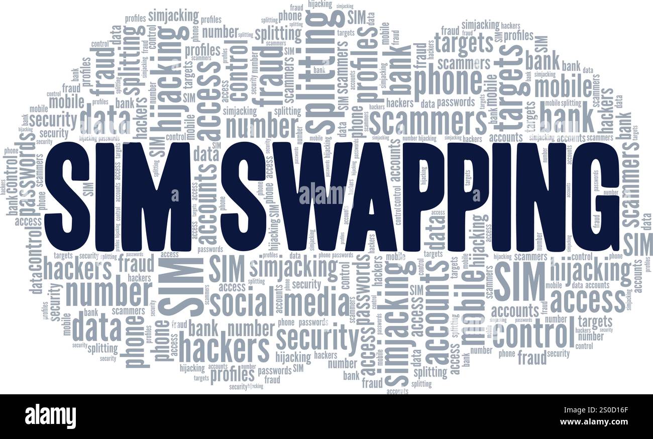 SIM Swapping Word Cloud Konzeptdesign isoliert auf weißem Hintergrund. Stock Vektor