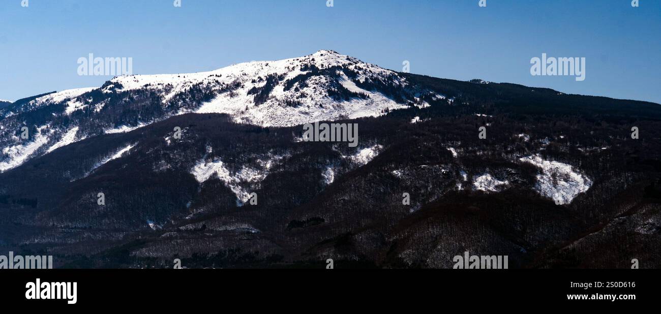 Die schneebedeckte Bergkette von Vitosha unter einem klaren blauen Himmel mit Waldstücken, die an den Hängen sichtbar sind. Stockfoto