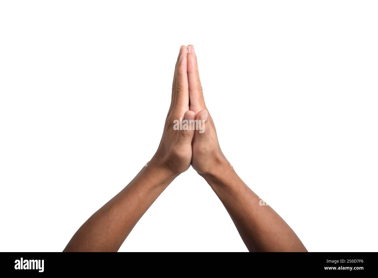 Betende Hände mit Glauben an Religion und Glauben an Gott auf weißem Hintergrund Stockfoto