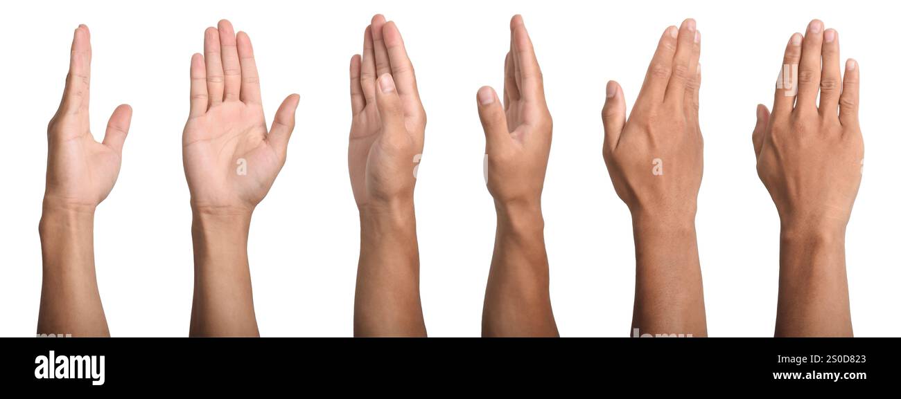 Gruppe männlicher asiatischer Handgesten isoliert auf weißem Hintergrund. Stockfoto