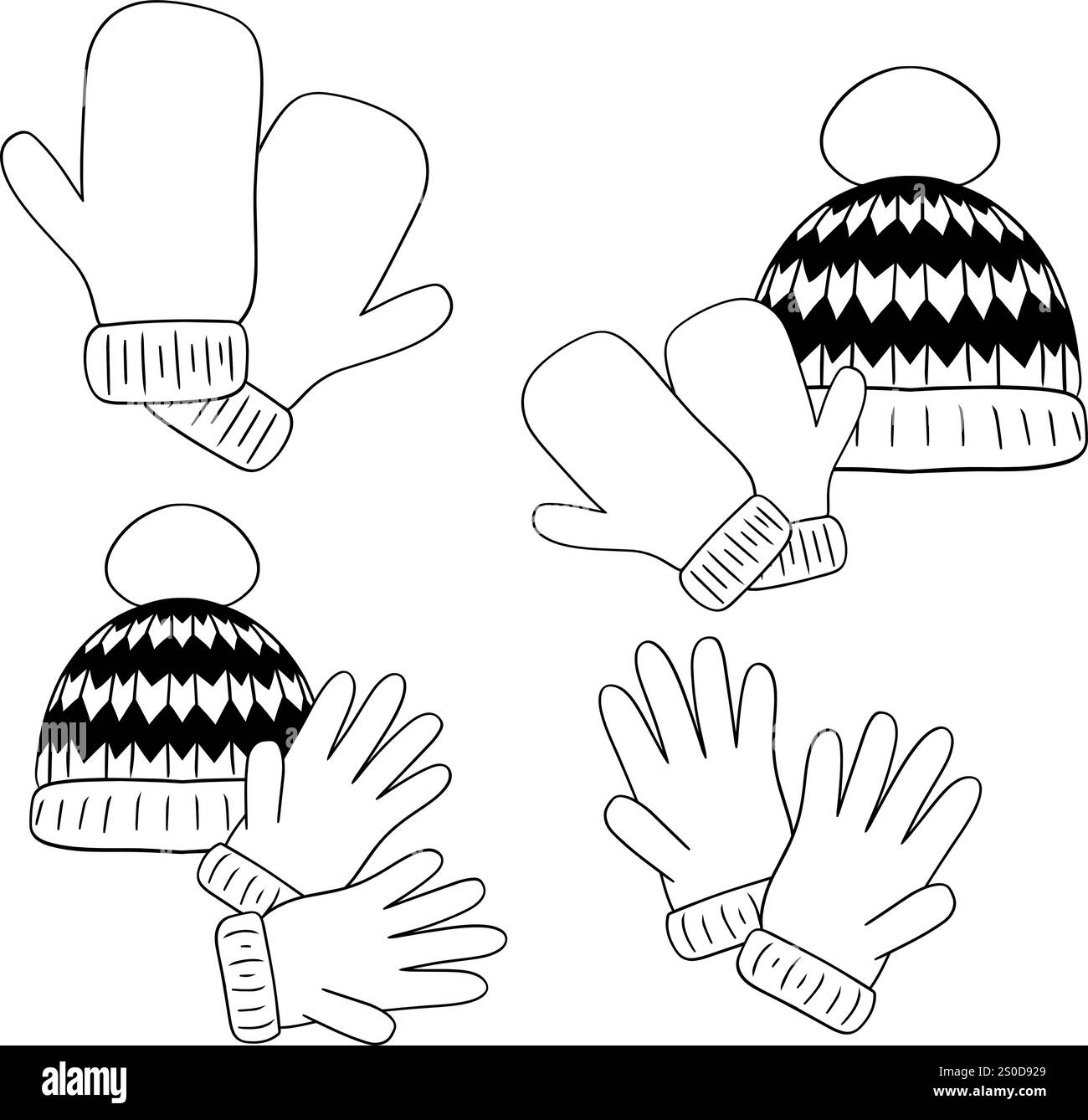Set aus verschiedenen Winter- und warmen Kleidungsstücken für Kinder. Fäustlinge, Handschuhe, Hut grafische Linie Komposition Set, Vektor isoliert Stock Vektor