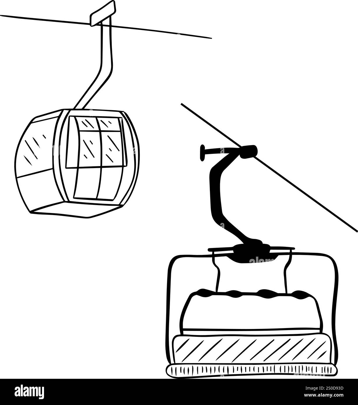 Illustrationsset mit Bergbahn-Seilbahn. Überblick über die touristischen Attraktionen in der Höhe von Touristen. Vektorabbildung Stock Vektor