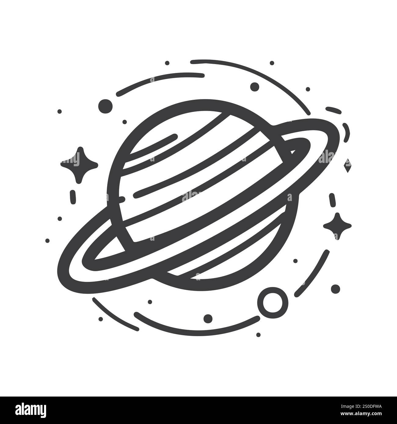 Vektor Schwarz-weiß Saturn Planet Symbol mit Ringen und Sternen Stock Vektor