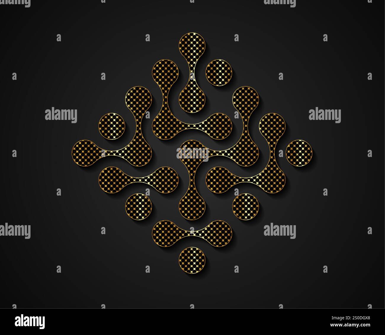 Design des Technology Connection Logos, Übergangszeichen für Flüssigkeiten, abstraktes Integrationssymbol. Vektorkreise Punktbewegung in Goldfarbe isoliert auf Schwarz Stock Vektor