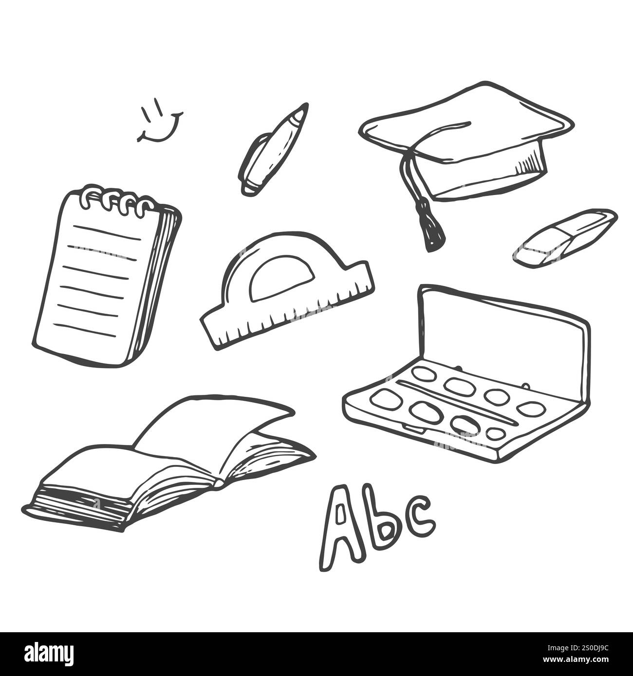 Freihändig Schulsachen auf ein Blatt Übungsbuch zeichnen. Zurück zur Schule. Vektorgrafik. Eingestellt Stock Vektor