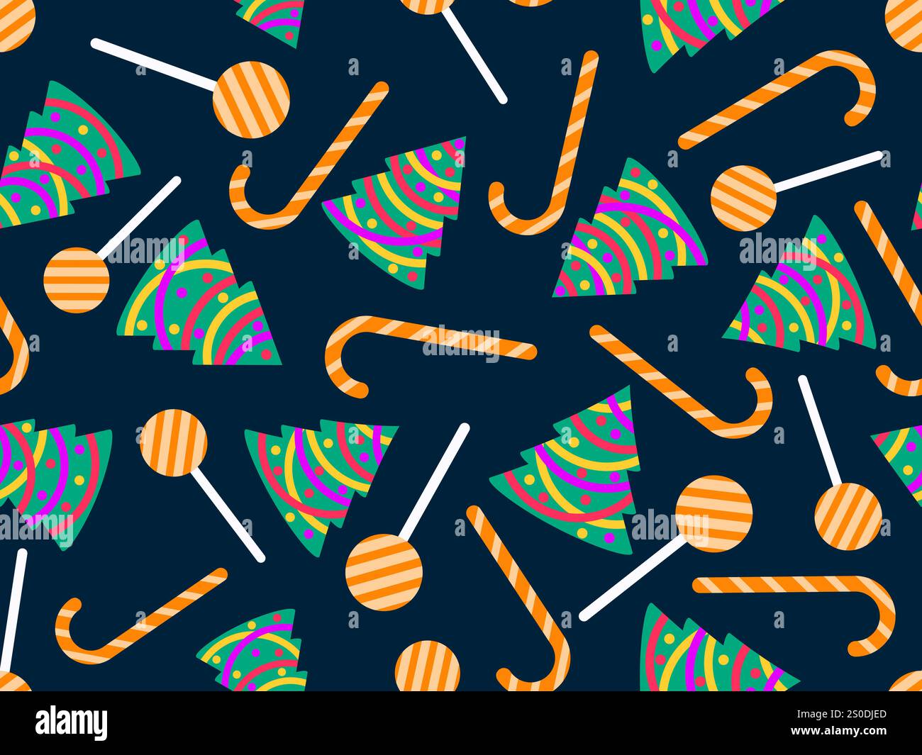 Nahtloses Muster mit dekorierten Weihnachtsbäumen und Zuckerstangen. Weihnachtsbaum mit Girlande, Weihnachtsbällen und festlichen Süßigkeiten Stock Vektor