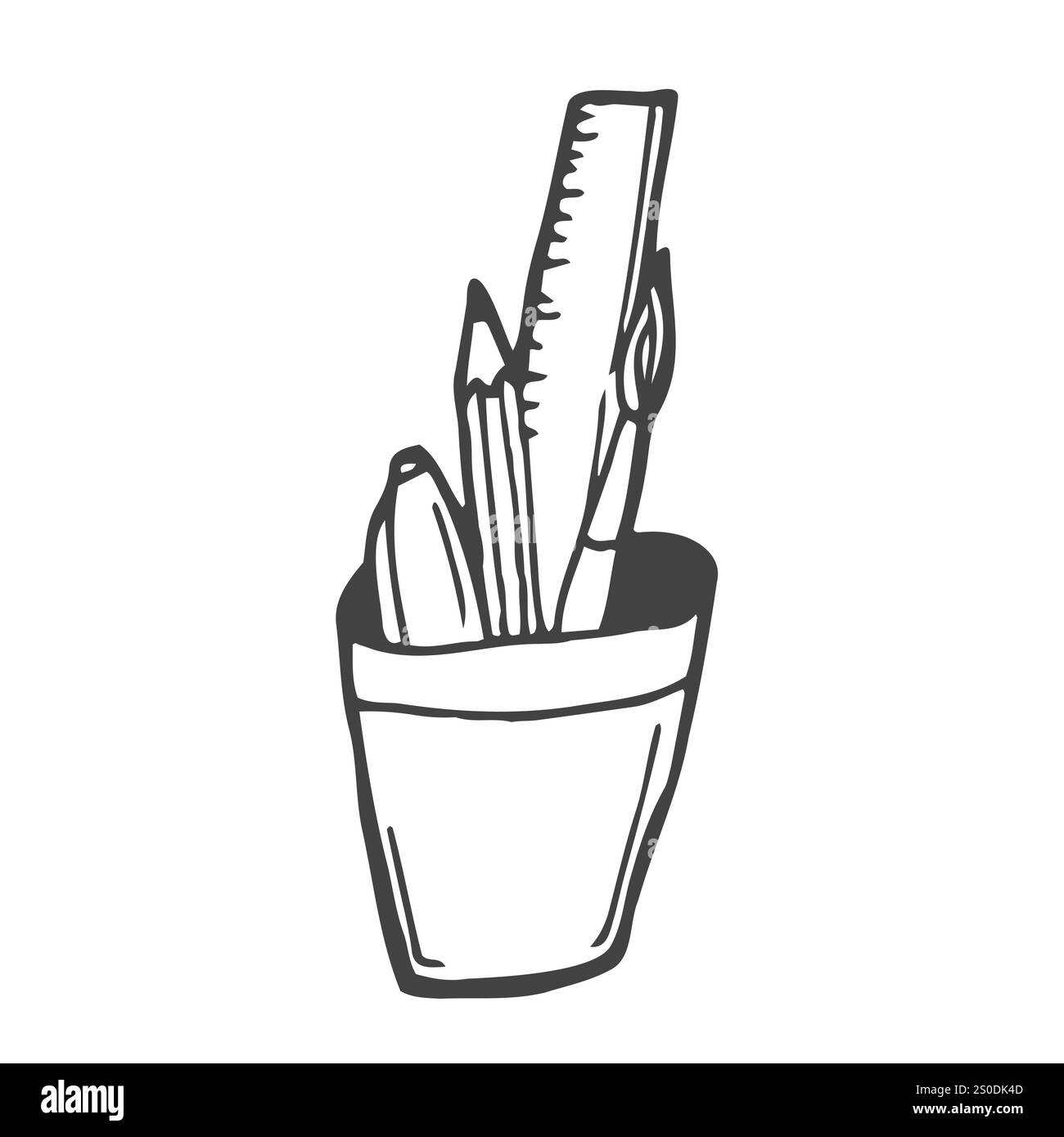 Bleistifthalter mit Lineal, Schere, Stift, Bleistift. Doodle-Style. Handgezeichnete Schwarzweiß-Vektordarstellung. Die Konstruktionselemente sind isoliert Stock Vektor