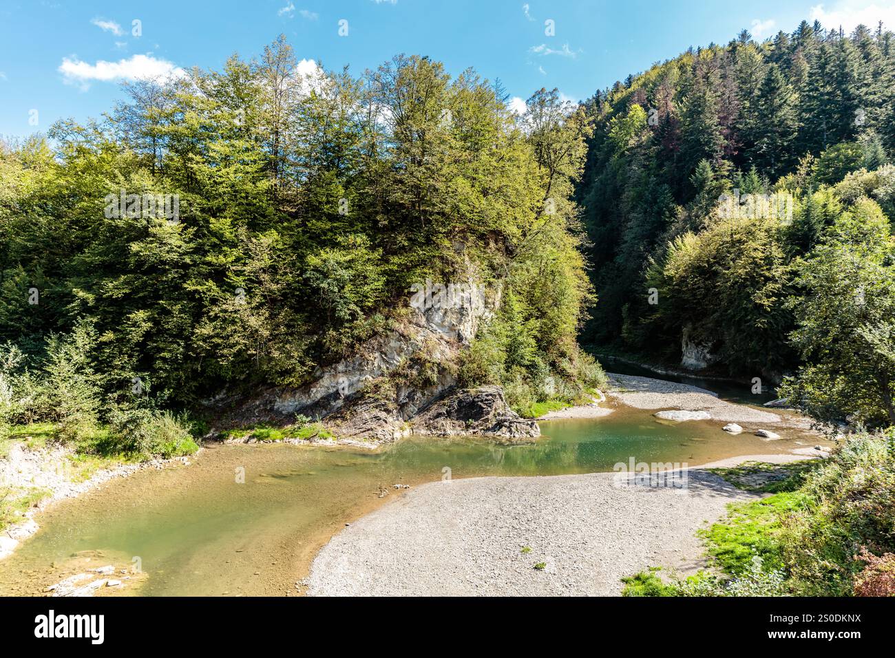 Ein Fluss mit einer felsigen Küste und Bäumen im Hintergrund. Das Wasser ist klar und ruhig Stockfoto