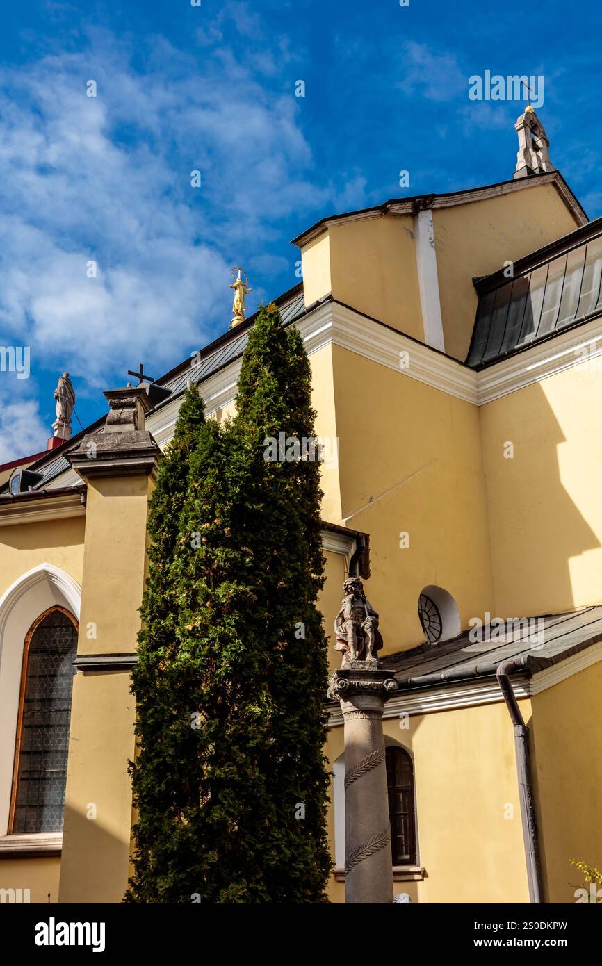 Ein hohes Gebäude mit einem großen Baum davor. Der Baum ist grün und das Gebäude gelb Stockfoto