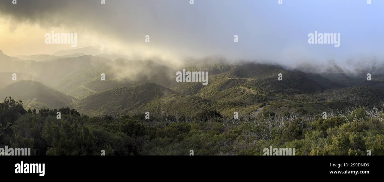 Sonnenuntergang, Blick vom Berg Alto de Garajonay, Nationalpark Garajonay, La Gomera, Kanarische Insel, Spanien, Europa Stockfoto