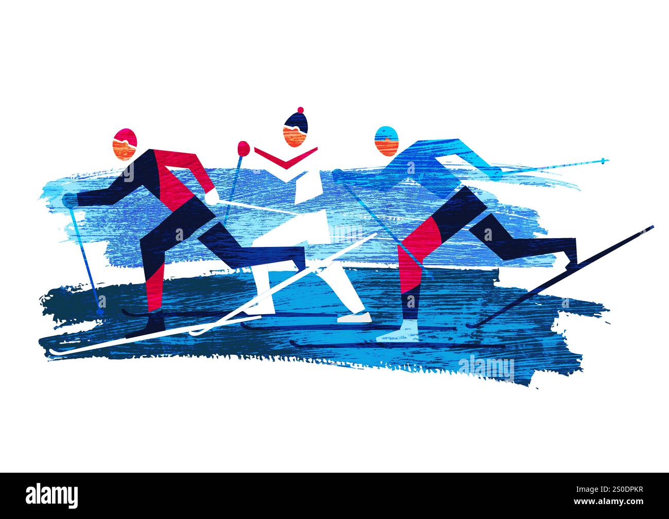 Langläufer. Eine stilisierte Zeichnung von drei Skilanglaufwettbewerbern. Grunge im Stil. Stockfoto