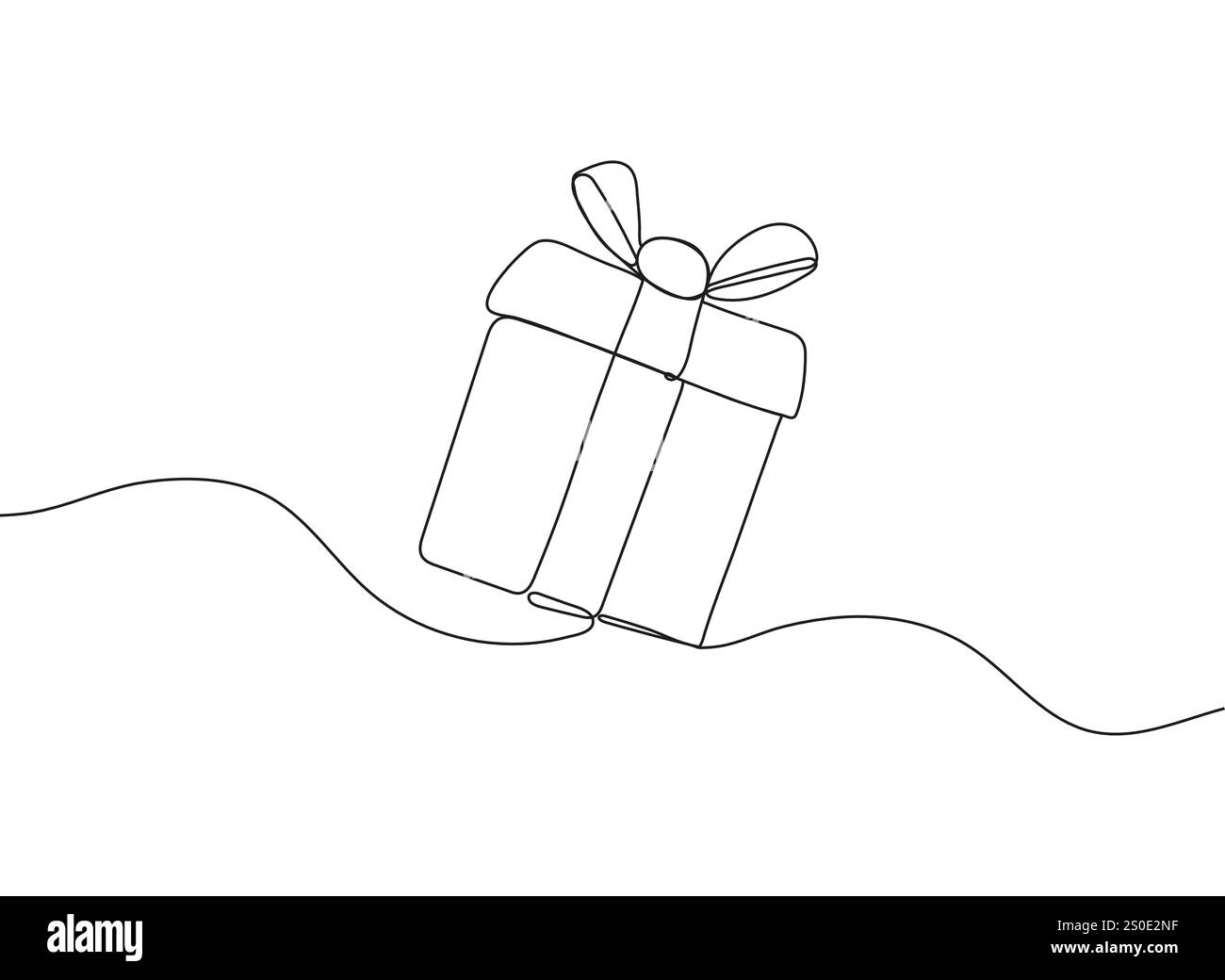 Durchgehende einzeilige Zeichnung einer Weihnachtsgeschenkbox mit Schleife und Band. Minimalistisches Design Stock Vektor