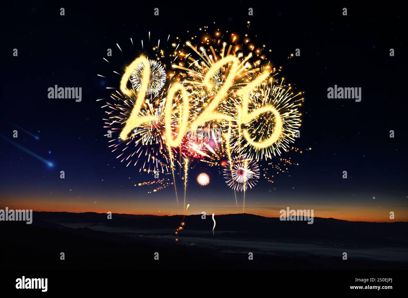 Frohes Neues Jahr 2025. Brennender funkelnder Text 2025. Schönes leuchtendes Designelement für Grußkarte und Urlaubsflyer. Frohes Neues Jahr 2025. Wunderschön Stockfoto