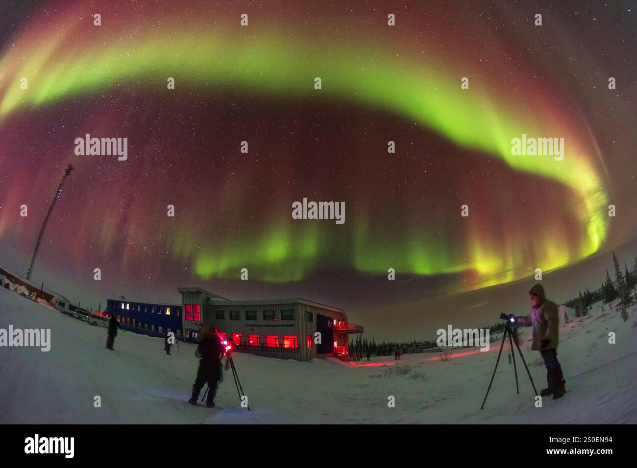 Fotografen, die die Nordlichter in Churchilla, Manitoba, Kanada einfangen. Stockfoto