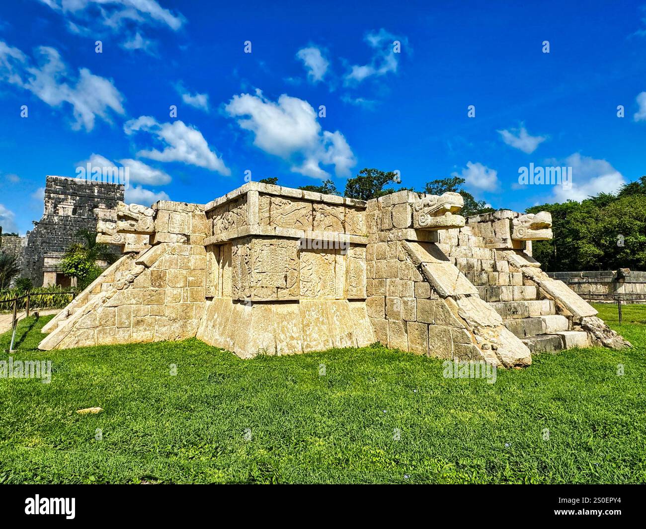 Die Plattform der Adler und Jaguare Zeremonientempel mit dem Tempel der Jaguare des Ballplatzes im Hintergrund in Chichen Itza, Mexiko Stockfoto