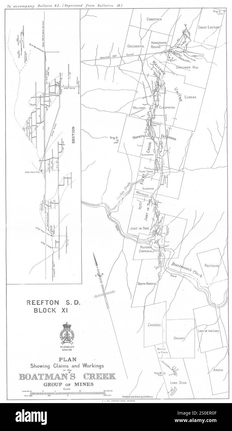 Karte der Claims und Arbeiten in der Gruppe der Goldminen Boatman's Creek bei Reefton, Neuseeland, um 1917 Stockfoto