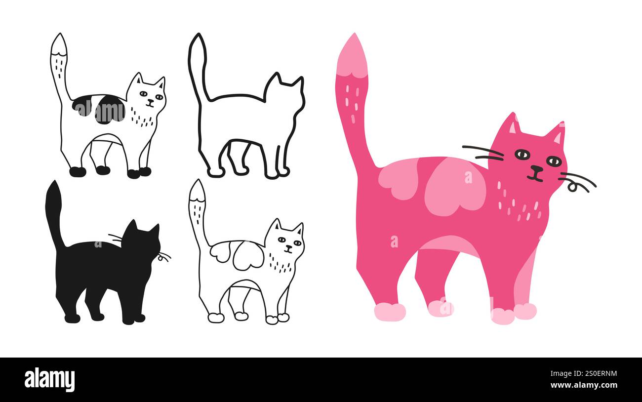 Katzensymbol Zeichentrickset. Abstrakte, handgezeichnete Comic-Kätzchen lineare Ikone. Schild zur Sammlung von Haustieren für Infografik, Website-App. Einfache Schilderkritzelung oder Silhouette lustige Katzen. Vektor-isolierte Abbildung Stock Vektor