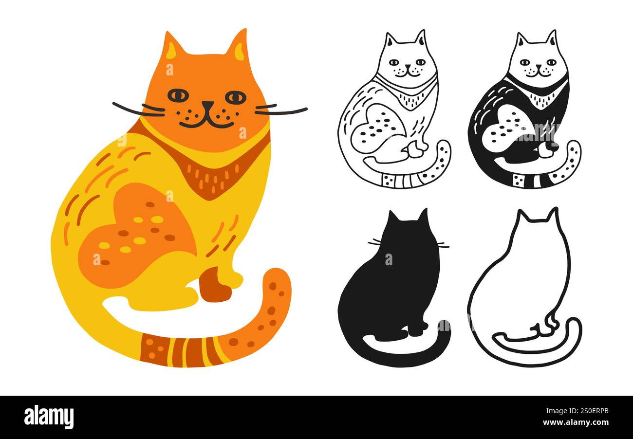 Katzensymbol Zeichentrickset. Abstrakte, handgezeichnete Comic-Kätzchen lineare Ikone. Stilisiertes Tieremblem – Kinderkollektion. Einfache Schilderkritzelung oder Silhouette lustige Katzen Clipart. Vektor-isolierte Abbildung Stock Vektor