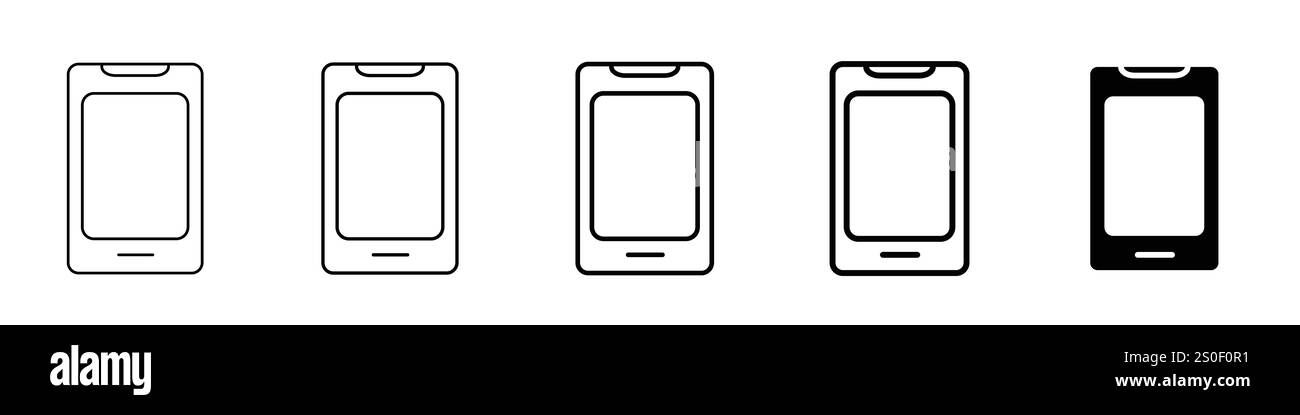 Set aus 5 mobilen Symbolen - 1 Silhouette - 1 ungelösten Vektor - ein Symbolsatz, Variationen in Schwarz, weiß und Grau, Vektorgrafiken Stock Vektor