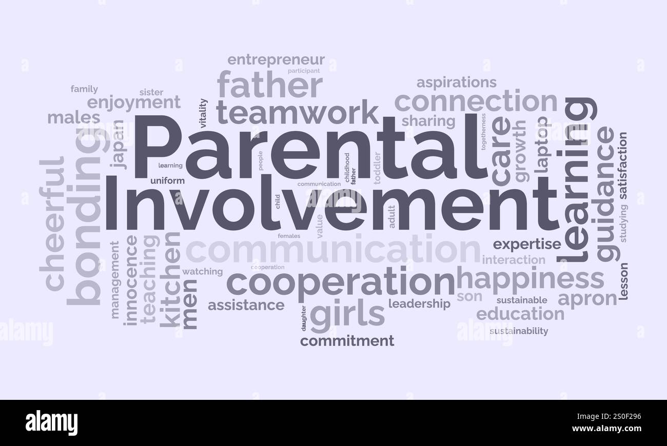 Word Cloud-Vorlage für die Beteiligung von Eltern. Vektor-tagcloud-Hintergrund des Konzepts der elterlichen Beteiligung. Vektorabbildung. Stock Vektor