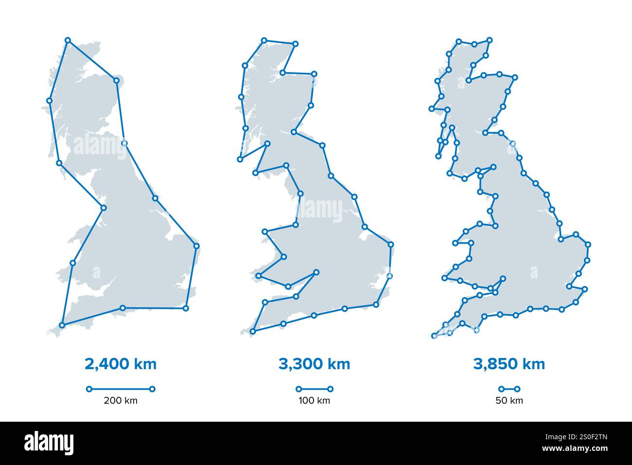 Küstenparadox, fraktale kurvenartige Eigenschaften von Küstenlinien, wie sie von der Insel Großbritannien gezeigt werden. Küstenlinien haben keine genau definierte Länge. Stockfoto