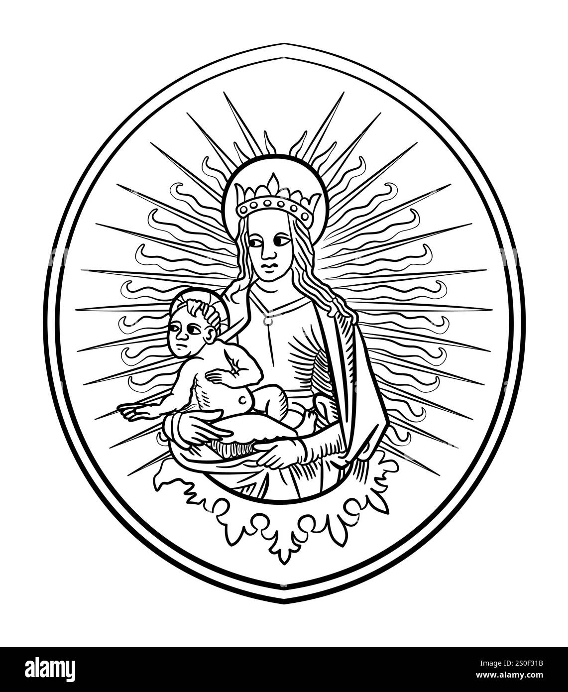 Jungfrau Maria hält Jesus Christus, den Sohn Gottes, hinter sich göttliche Lichtstrahlen, umgeben von einem linsenförmigen Rahmen, der an eine Vesica piscis erinnert. Stockfoto